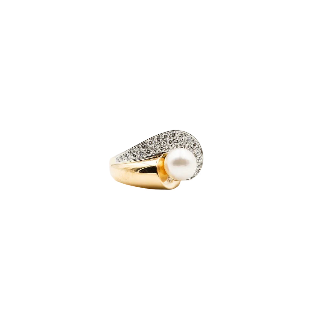 Bague en or jaune, platine, perle et diamants