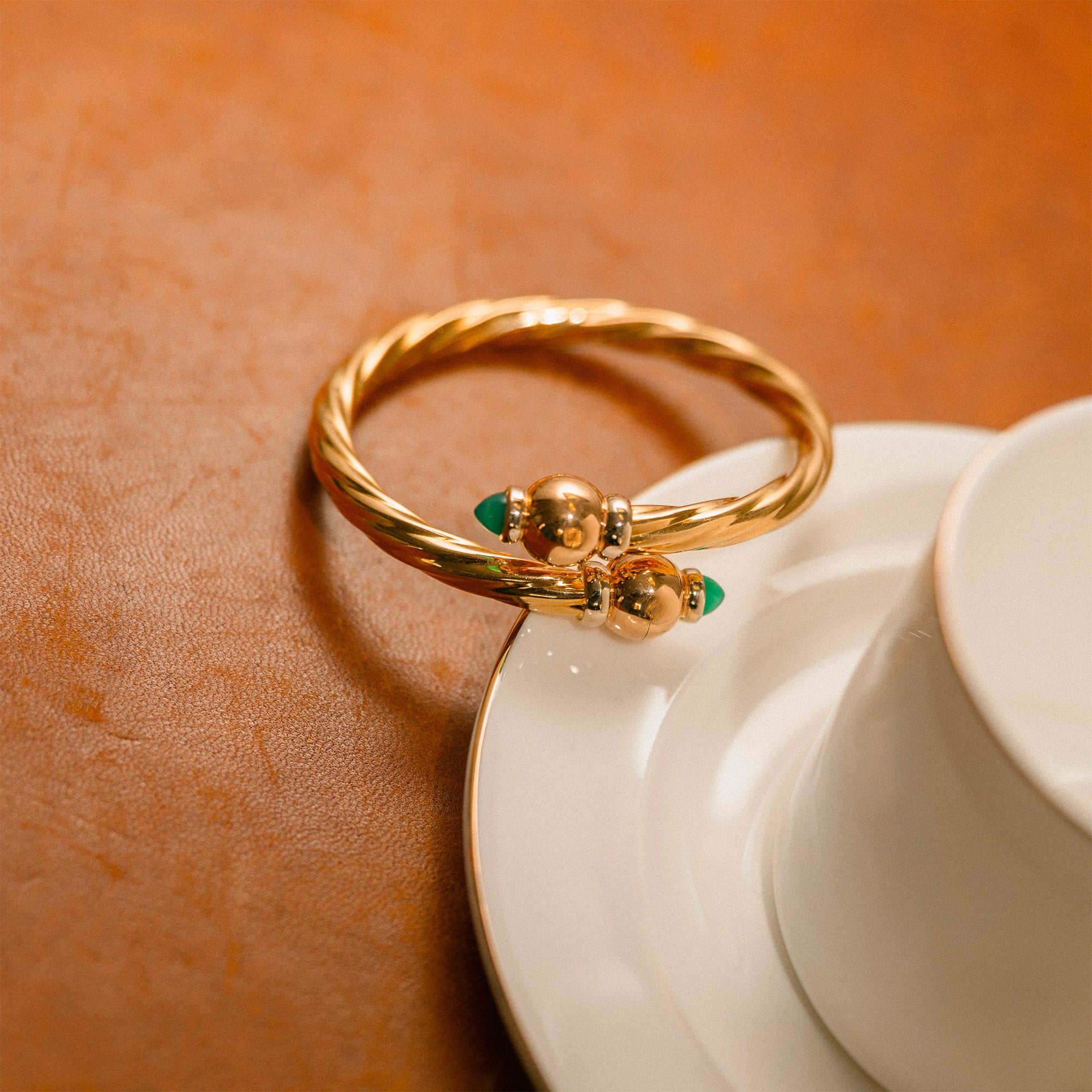 FRED bangle bracelet in yellow gold, rose gold and chrysoprase