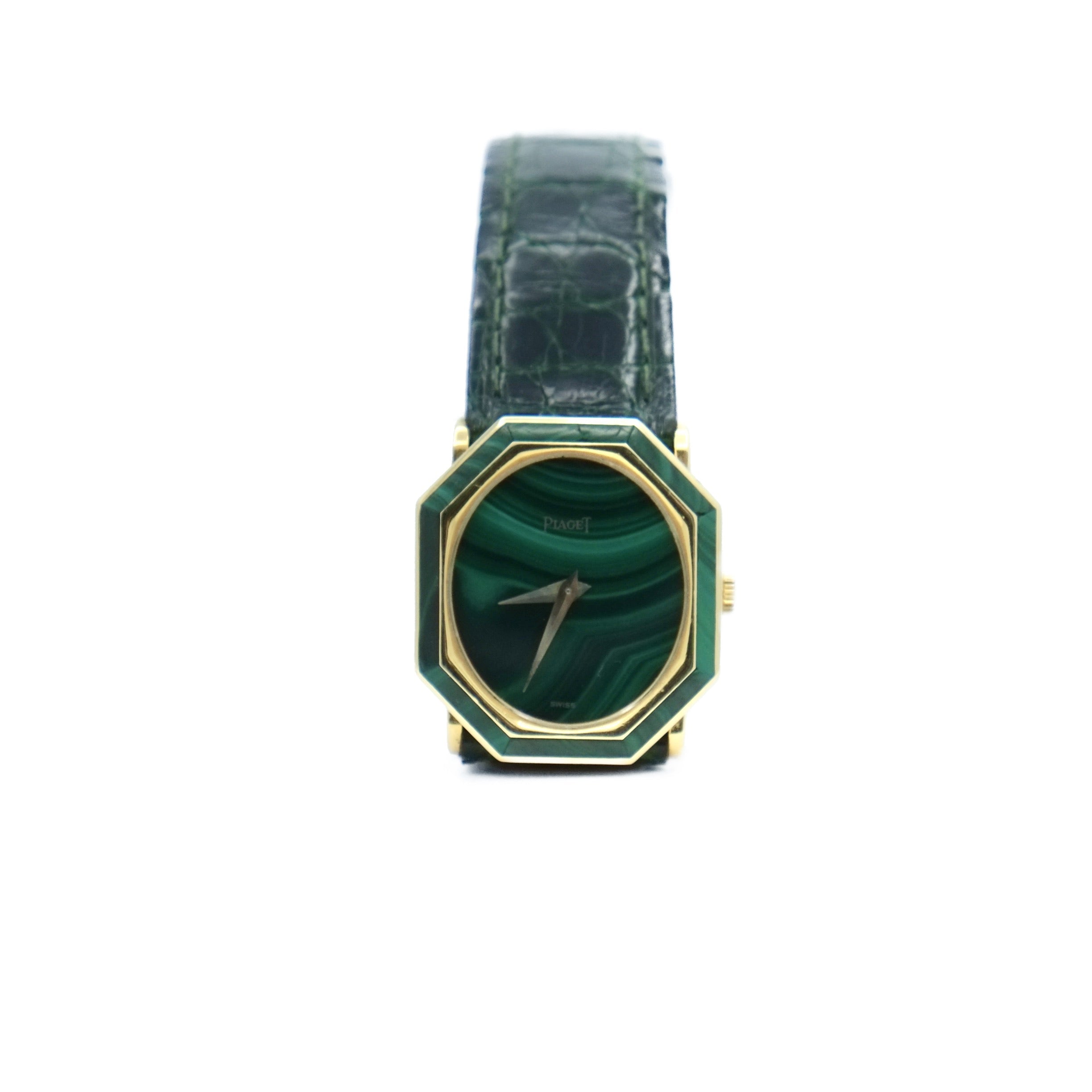 Montre octogonale PIAGET 9341 en or jaune, malachite et cuir