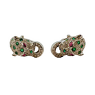 Boucles d'oreilles Panthères en or blanc, émeraudes, rubis et diamants