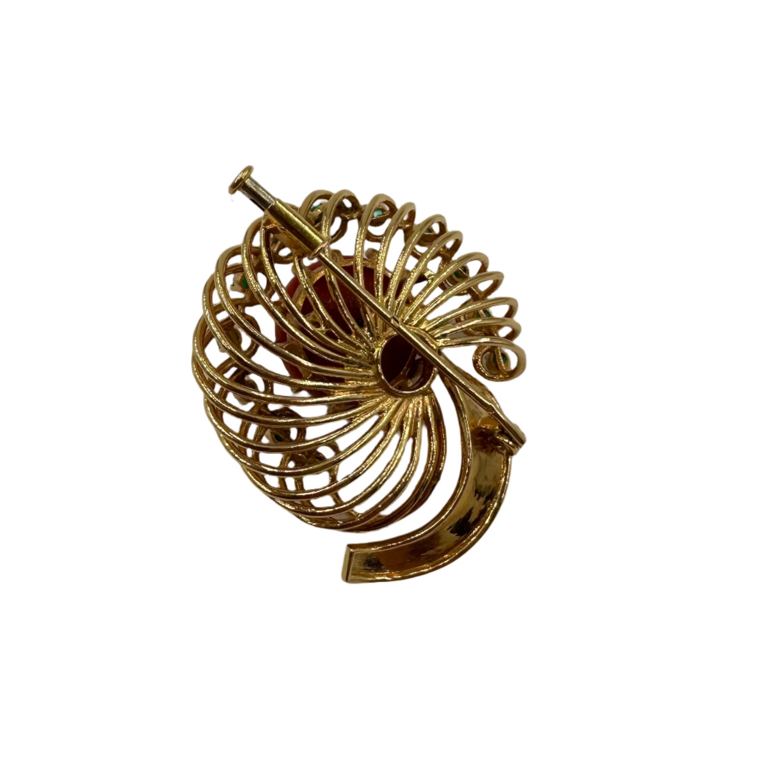 Broche Clip Fleur en or jaune, corail et turquoises