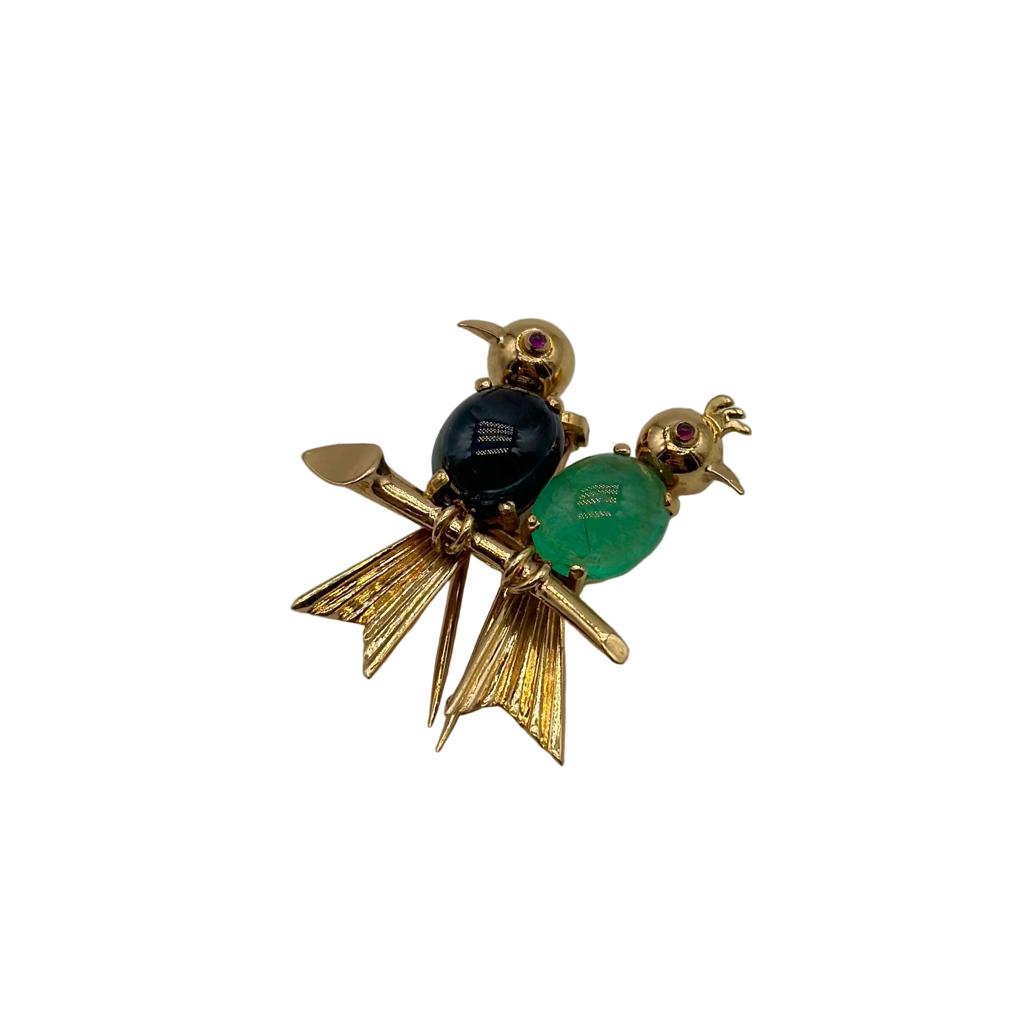 Broche FRED Deux Oiseaux en or jaune, émeraude et saphir