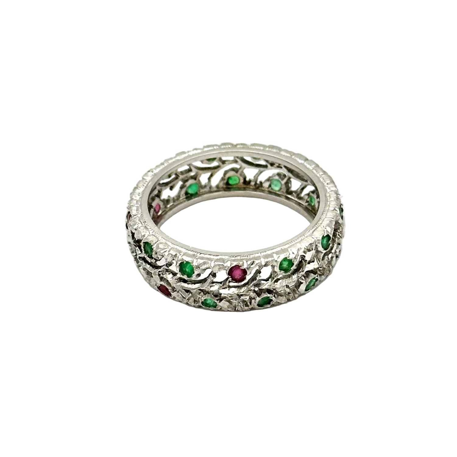 Bague Bandeau BUCCELLATI Éternelle en or blanc, rubis et émeraudes
