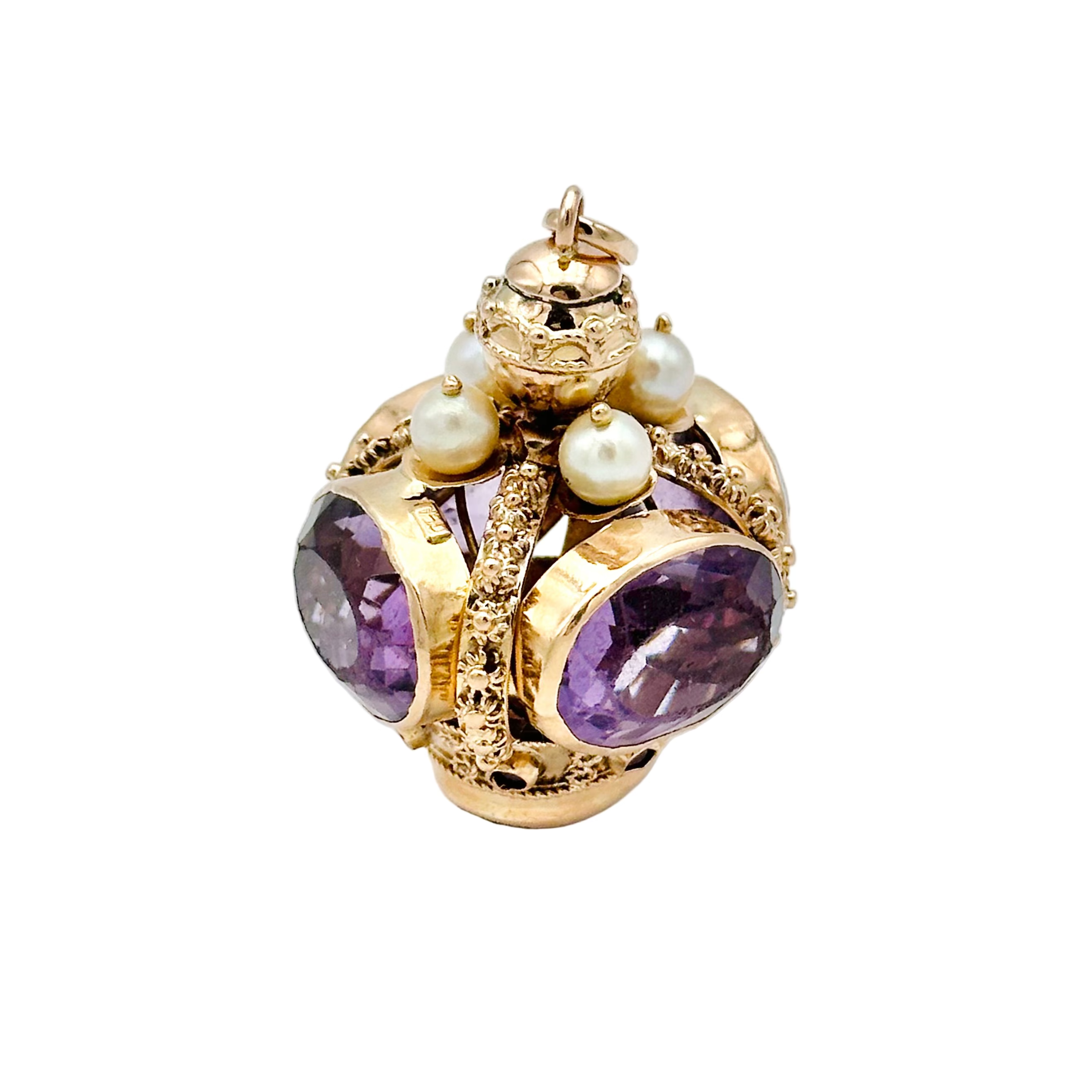 Pendentif breloque vénitienne en or jaune, améthystes et perles
