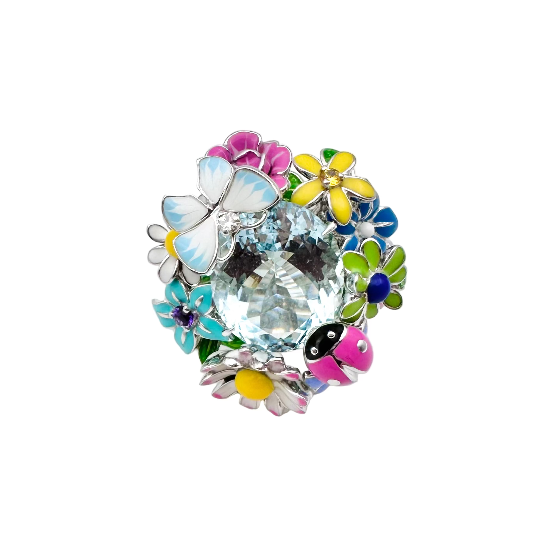 Bague Cocktail DIOR Diorette Milly-la-forêt en or blanc, aigue-marine, émail, améthyste, saphir, grenat et diamant