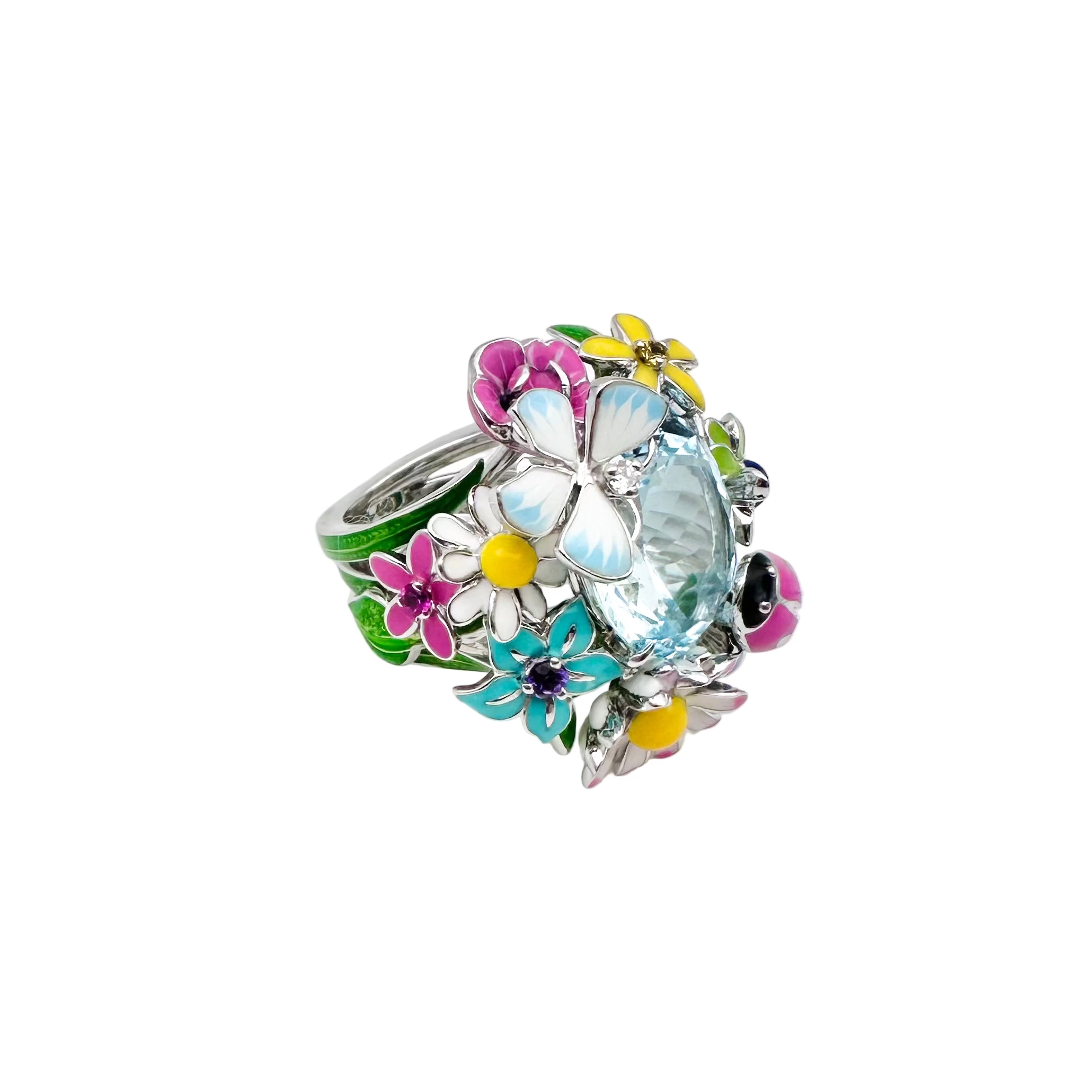 Bague Cocktail DIOR Diorette Milly-la-forêt en or blanc, aigue-marine, émail, améthyste, saphir, grenat et diamant