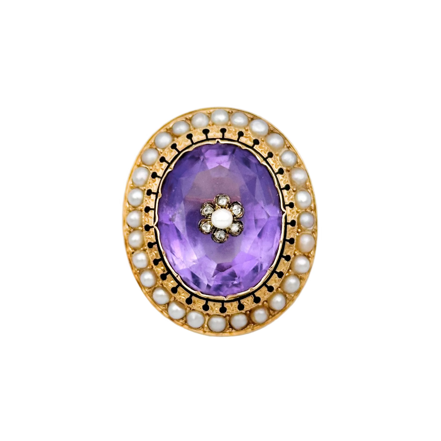 Broche Épingle en or jaune, améthyste et perles