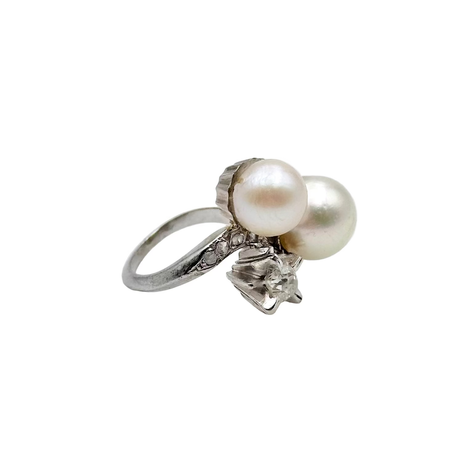 Bague Toi & Moi en or blanc, perles de culture et diamants