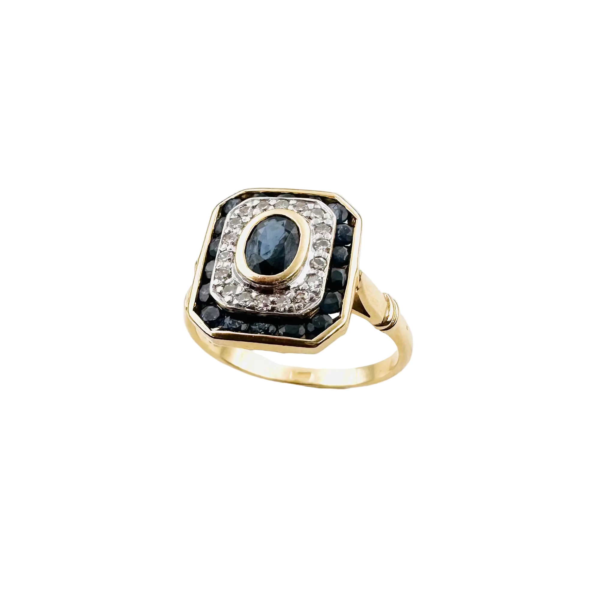 Bague Entourage en or jaune, saphirs et diamants