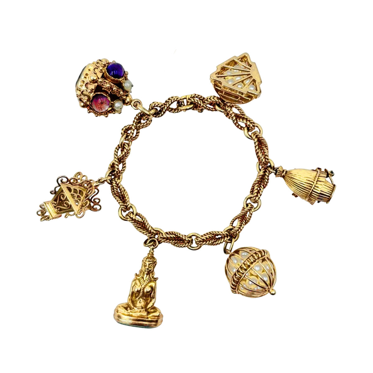 Bracelet Breloques en or jaune, améthystes, perles, amazonite, turquoise, rubis, grenat et saphir