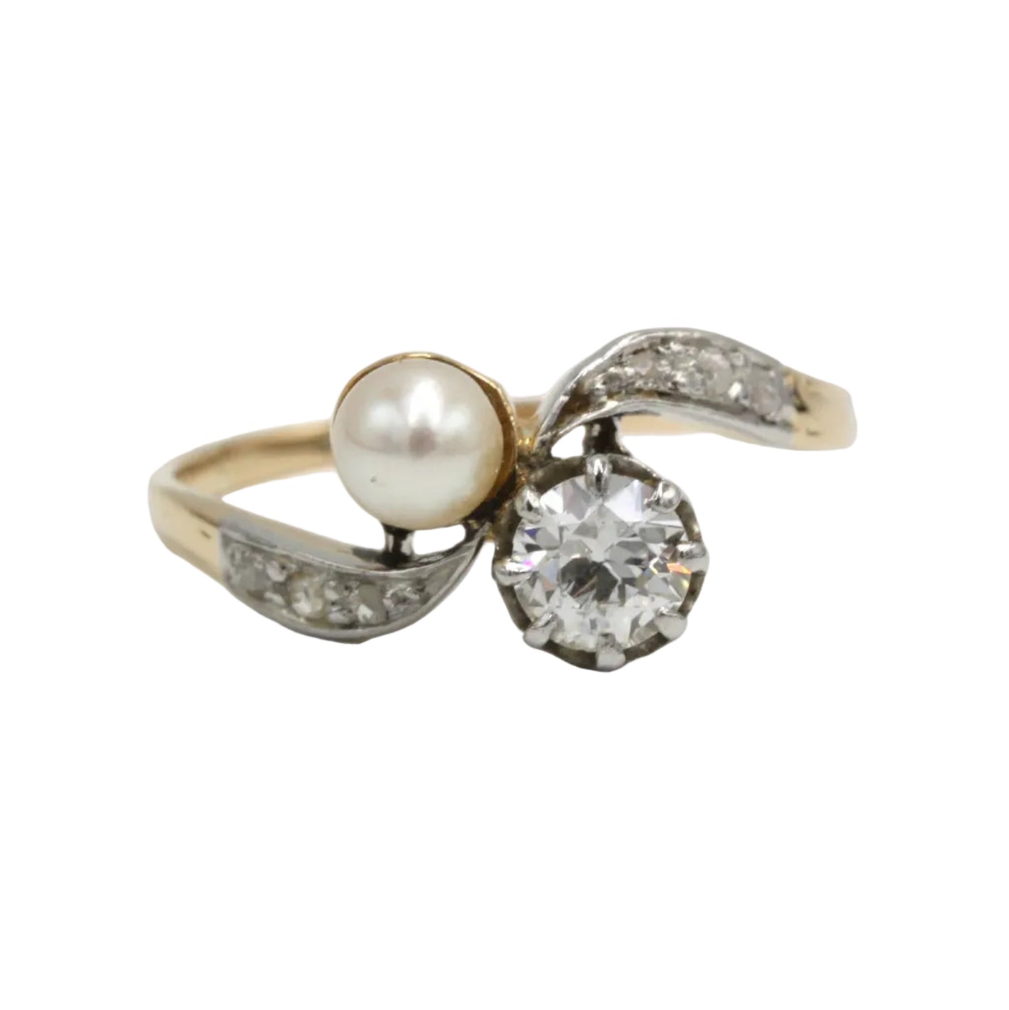 Bague Toi & Moi en or jaune, platine, perle et diamants