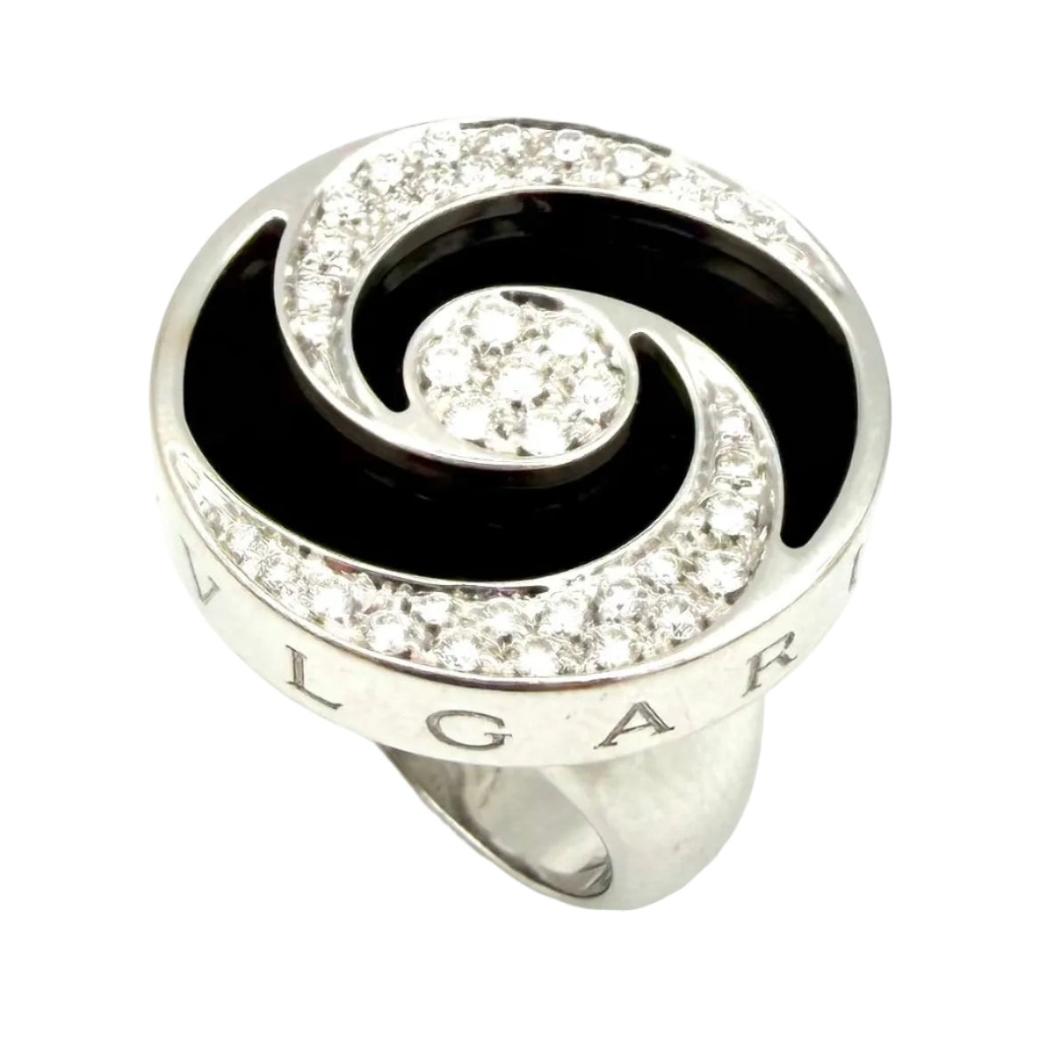 Bague Cocktail BULGARI "Optical" en or blanc, acier, onyx et diamants