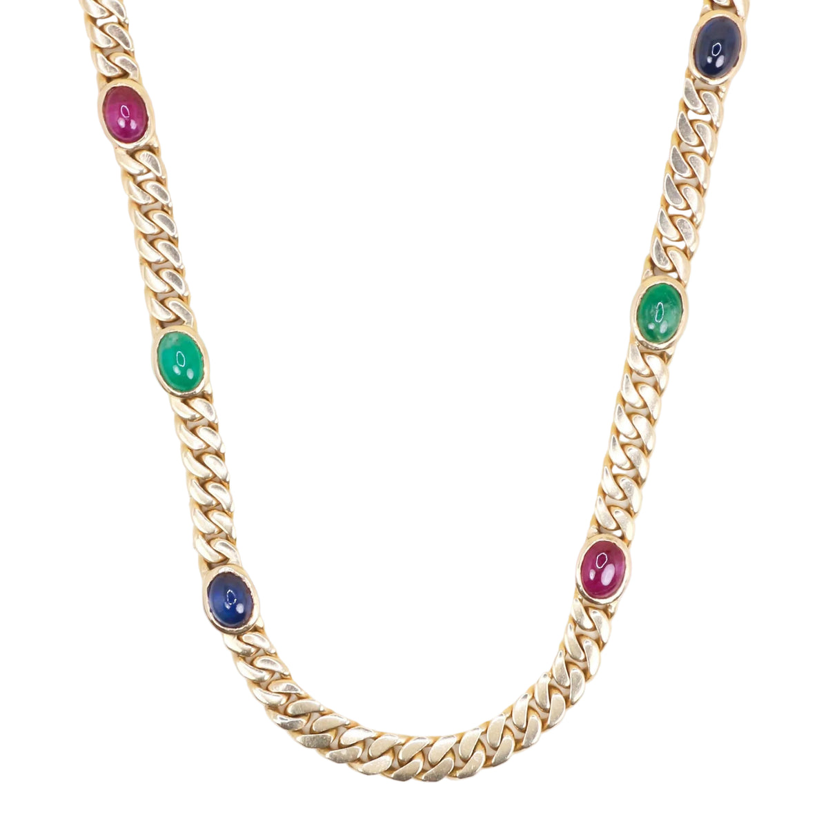 Collier Sautoir en or jaune, émeraudes, saphirs et rubis