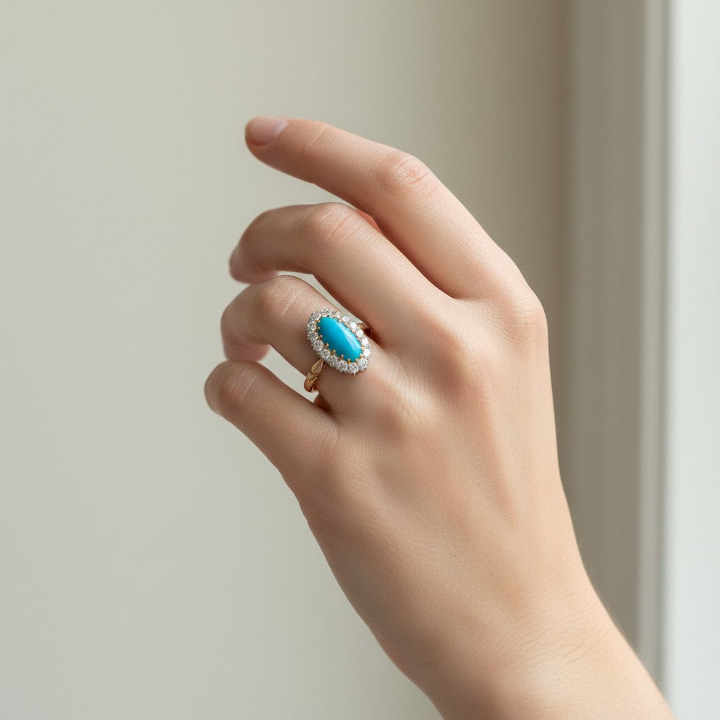 Bague Entourage en or jaune, turquoise et diamants
