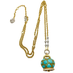 Collier Pendentif CHANTECLER en or blanc, or jaune, tsavorites, turquoises et diamants