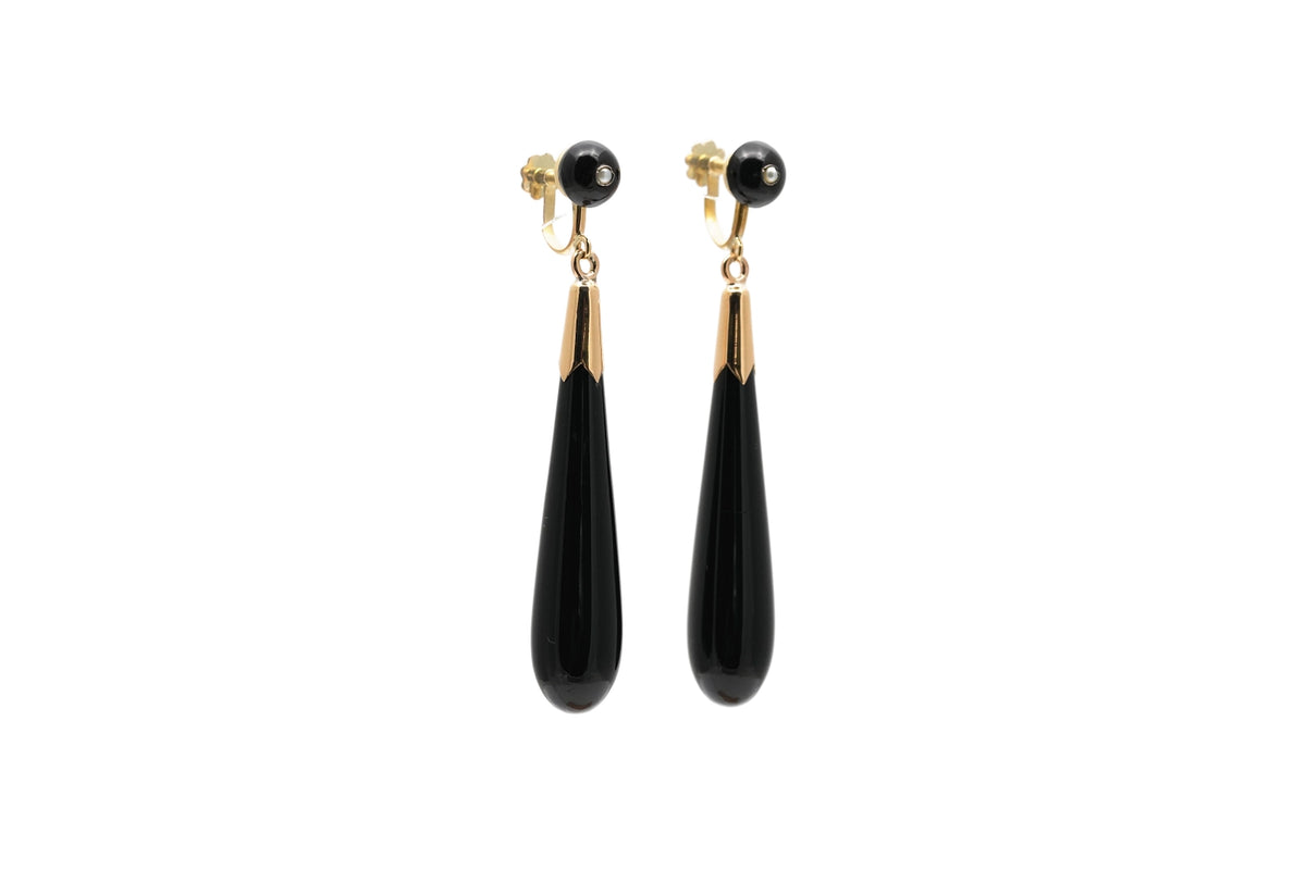 Boucles d'oreilles Pendantes en or jaune, onyx et perles