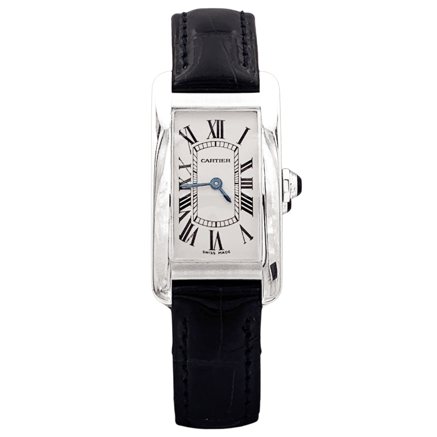 Montre Cartier, "Tank Américaine", acier, cuir.