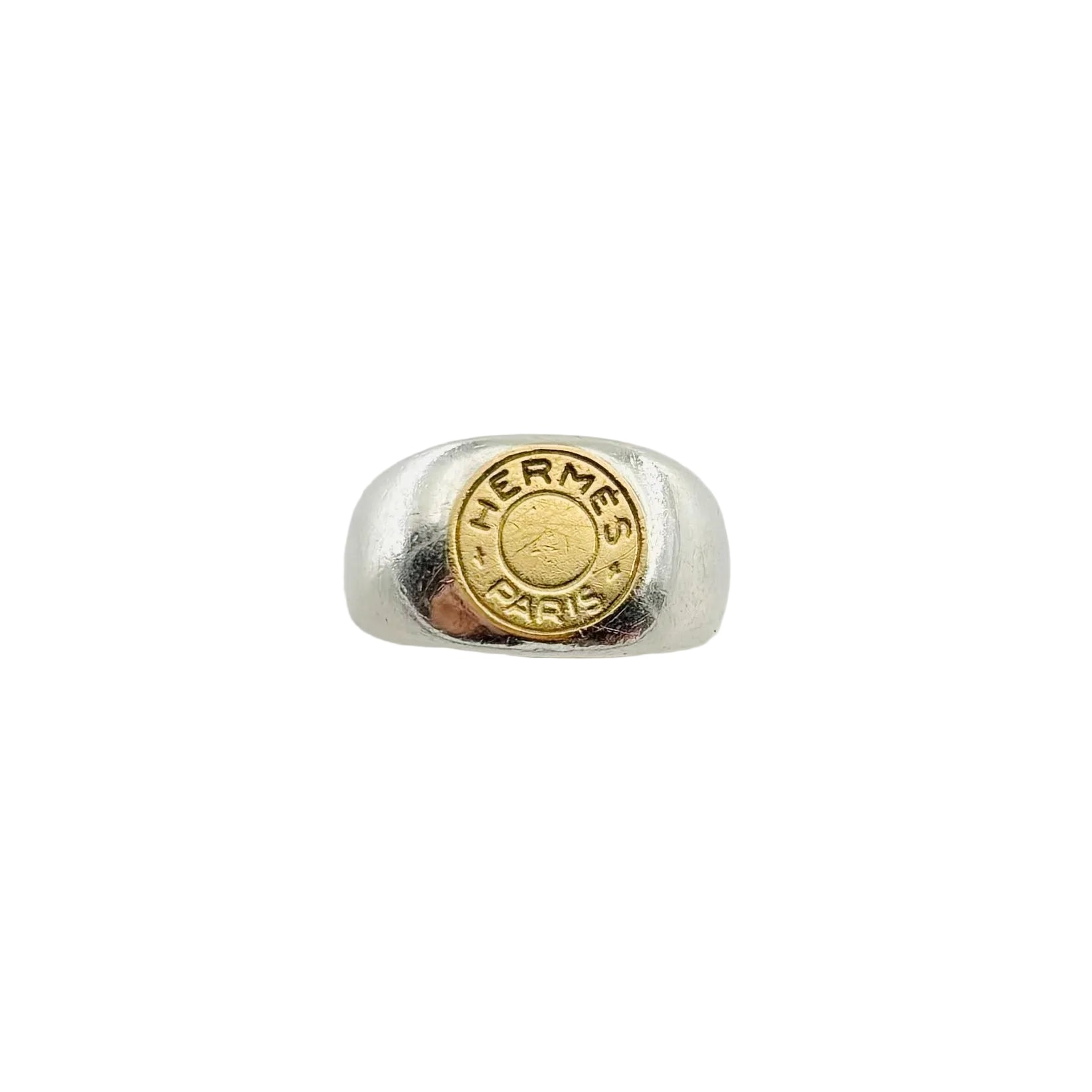 Bague Chevalière HERMÈS "Clou de selle" en argent et or jaune