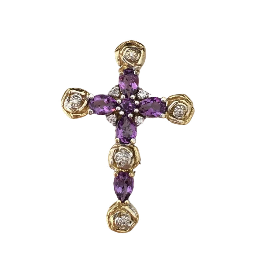 Pendentif Croix en or jaune, or blanc, améthystes, et diamants