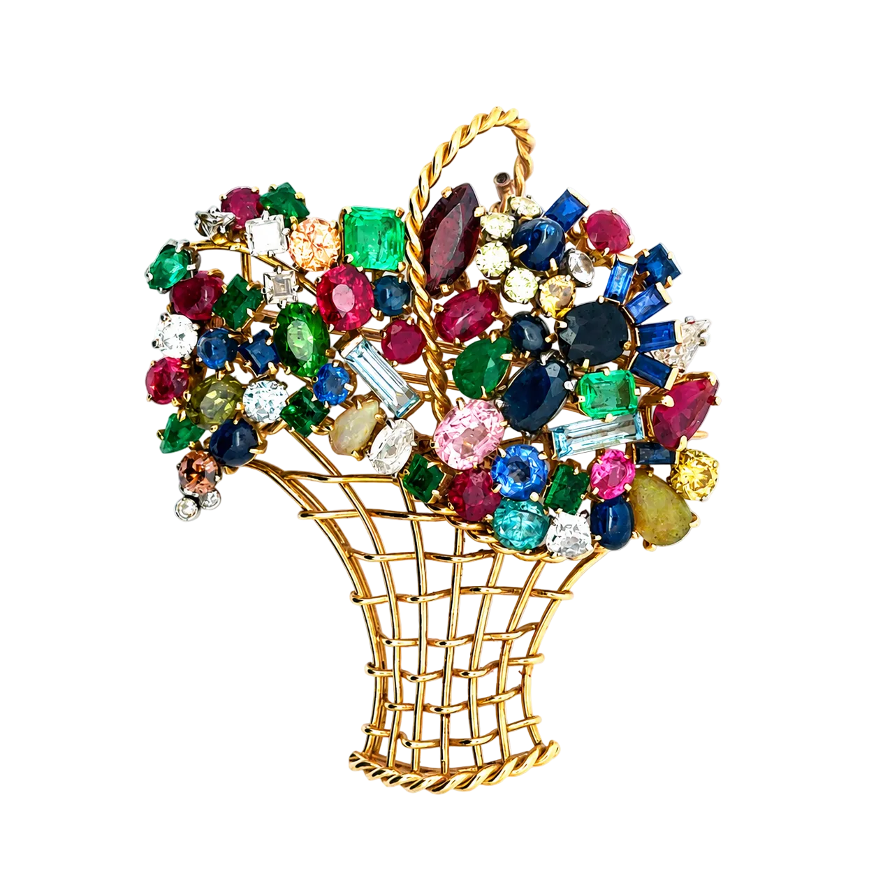 Broche en or jaune, rubis, saphirs, émeraudes et diamants