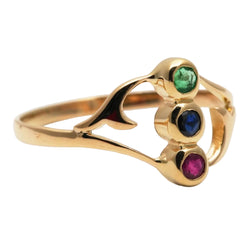 Bague Trilogie en or jaune, émeraude, saphir et rubis