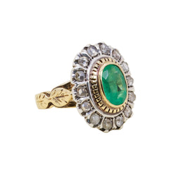 Bague Entourage en or jaune, argent, émeraude et diamants
