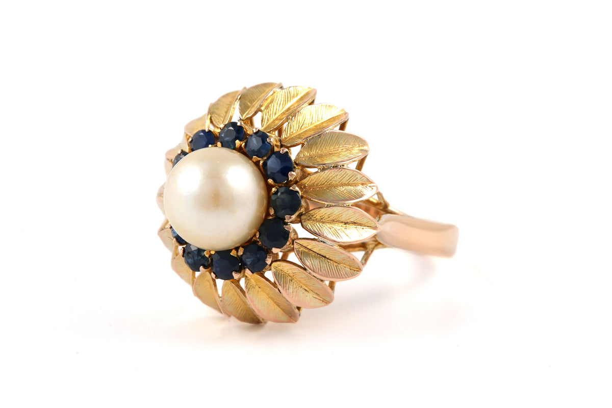 Bague Dôme en or jaune, perle et saphirs