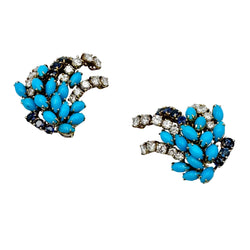 Boucles d'oreilles Clips BOUCHERON or jaune, turquoises, saphirs et diamants