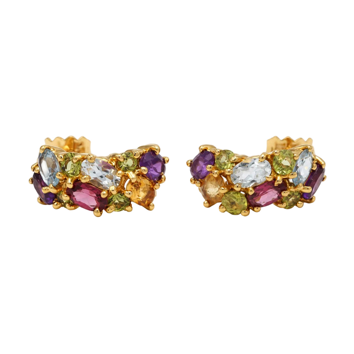 Boucles d'oreilles Créoles en or jaune, aigue-marine, citrines, topazes, grenats, améthystes et péridots