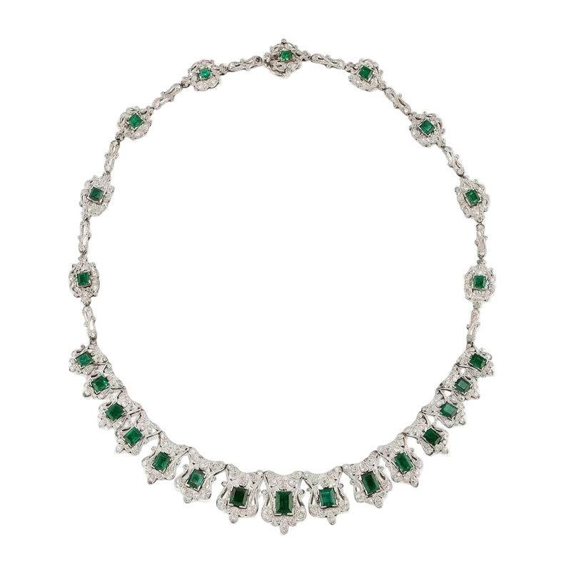 Collier Plastron en platine, émeraudes et diamants