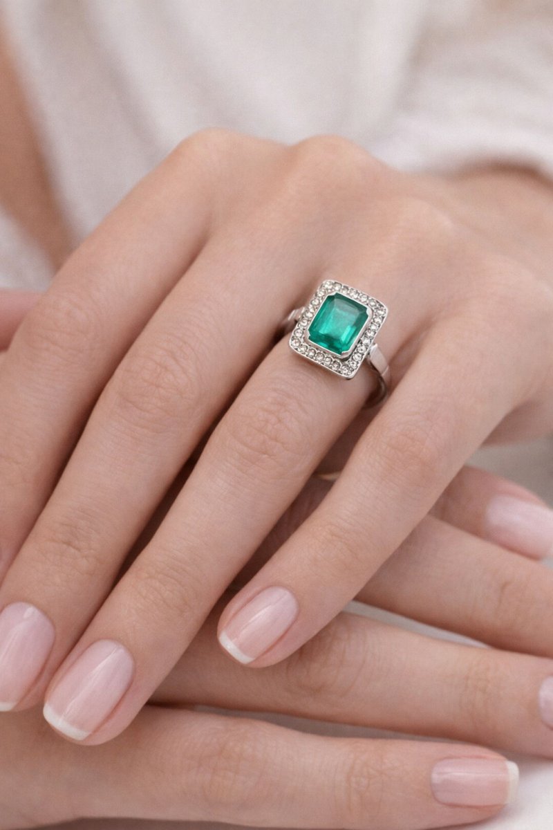 ANILLO ART DÉCO EN ORO BLANCO CON DIAMANTES Y ESMERALDA. - Castafiore