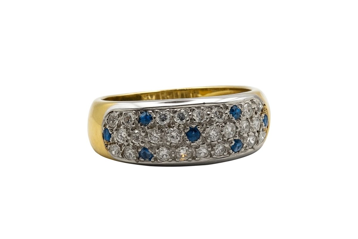 ANILLO BICOLOR EN ORO AMARILLO Y BLANCO, CON ZAFIROS Y DIAMANTES - Castafiore