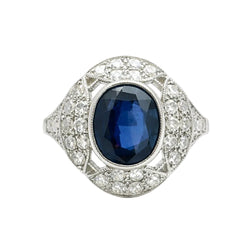 ANILLO DE ALTA JOYERIA EN PLATINO CON ZAFIRO AZUL Y DIAMANTES. - Castafiore