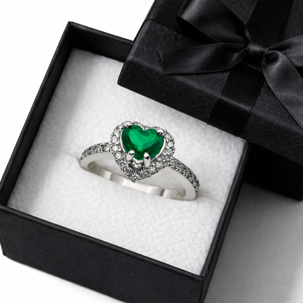 ANILLO EN FORMA DE CORAZON CON ESMERALDA NATURAL CERTIFICADA MUZO COLOMBIA - Castafiore