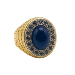 ANILLO EN ORO AMARILLO Y PLATINO, CON CABUJÓN DE ZAFIRO AZUL Y DIAMANTES ANTIGUOS - Castafiore