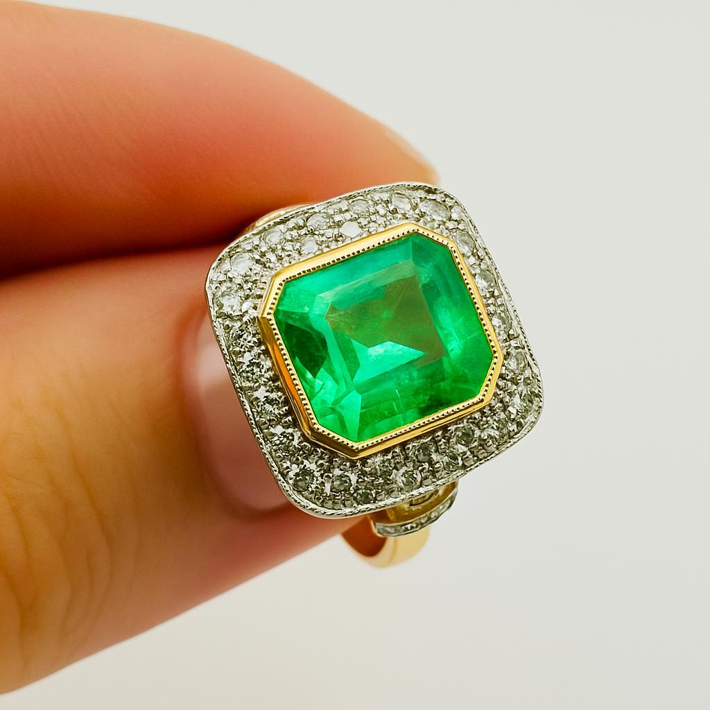 ANILLO EN ORO AMARILLO Y PLATINO CON UNA ESMERALDA Y DIAMANTES - Castafiore