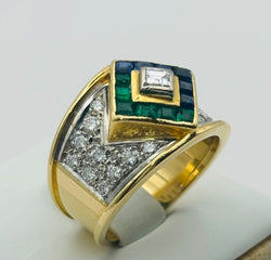 ANILLO EN ORO BICOLOR, CON DIAMANTES, ZAFIROS Y ESMERALDAS - Castafiore