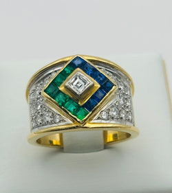 ANILLO EN ORO BICOLOR, CON DIAMANTES, ZAFIROS Y ESMERALDAS - Castafiore