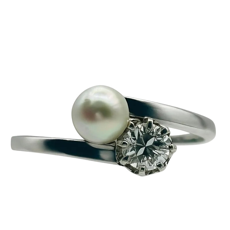 ANILLO TU Y YO EN ORO BLANCO CON PERLA Y DIAMANTE - Castafiore