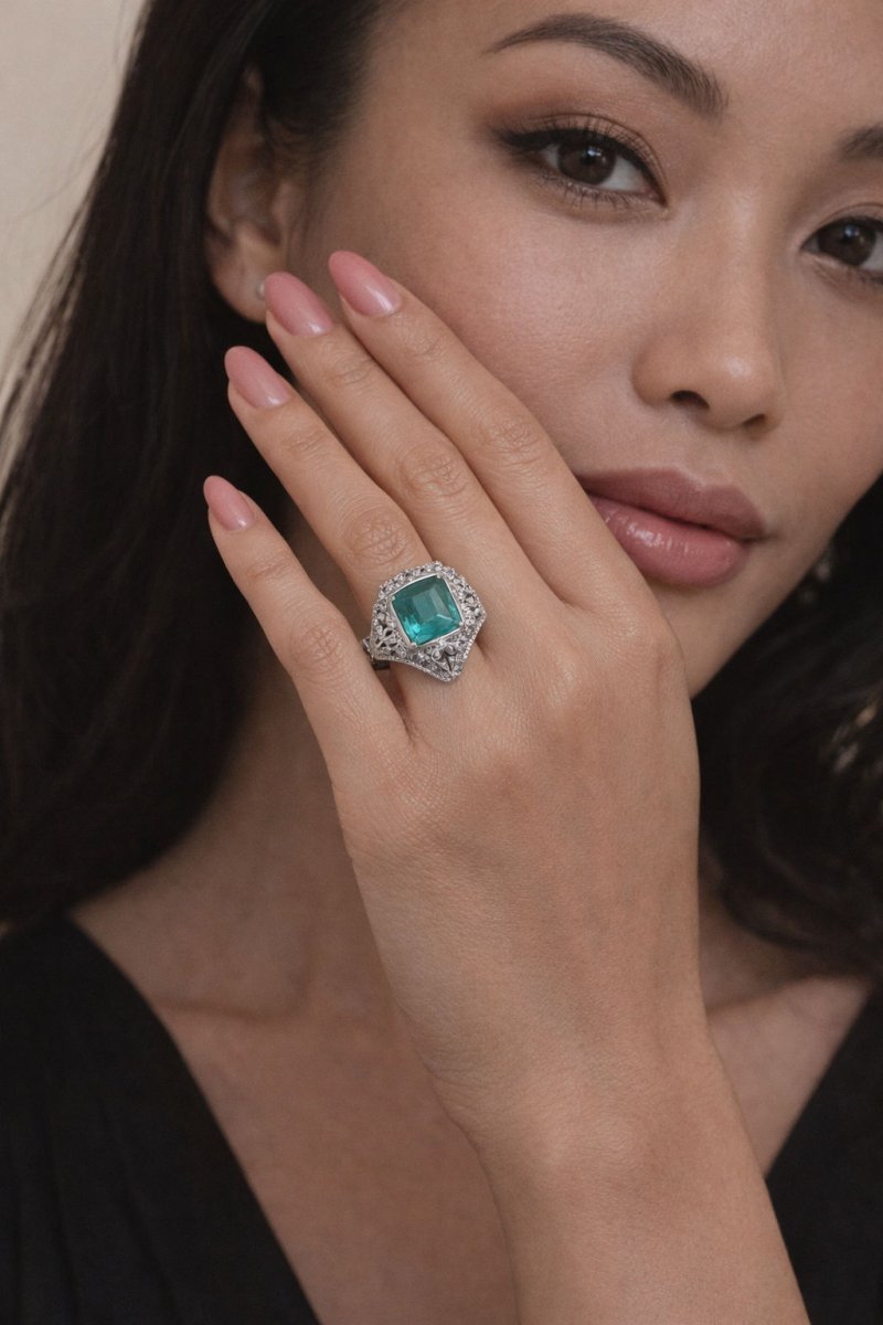 ANILLO VINTAGE EN PLATINO CON DIAMANTES Y ESMERALDA - Castafiore