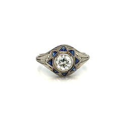 Art Deco 0.80 Carat Diamond Sapphire Filigree Ring - Castafiore