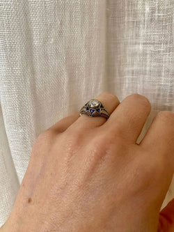 Art Deco 0.80 Carat Diamond Sapphire Filigree Ring - Castafiore