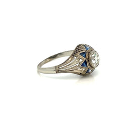 Art Deco 0.80 Carat Diamond Sapphire Filigree Ring - Castafiore