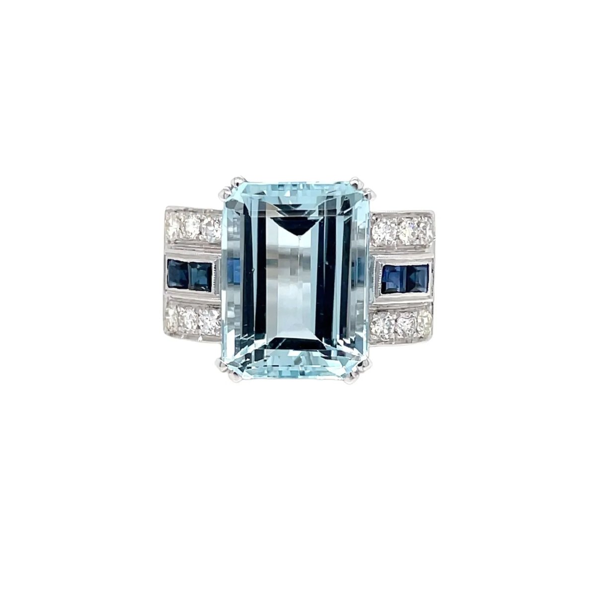 Art Deco 12 Carat Aquamarine Diamond Sapphire Gold Ring - Castafiore