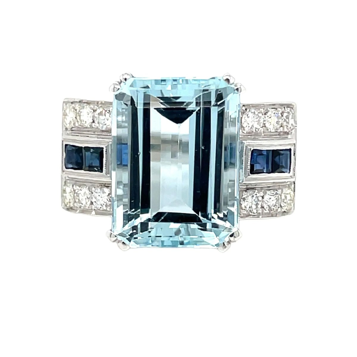 Art Deco 12 Carat Aquamarine Diamond Sapphire Gold Ring - Castafiore