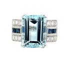 Art Deco 12 Carat Aquamarine Diamond Sapphire Gold Ring - Castafiore