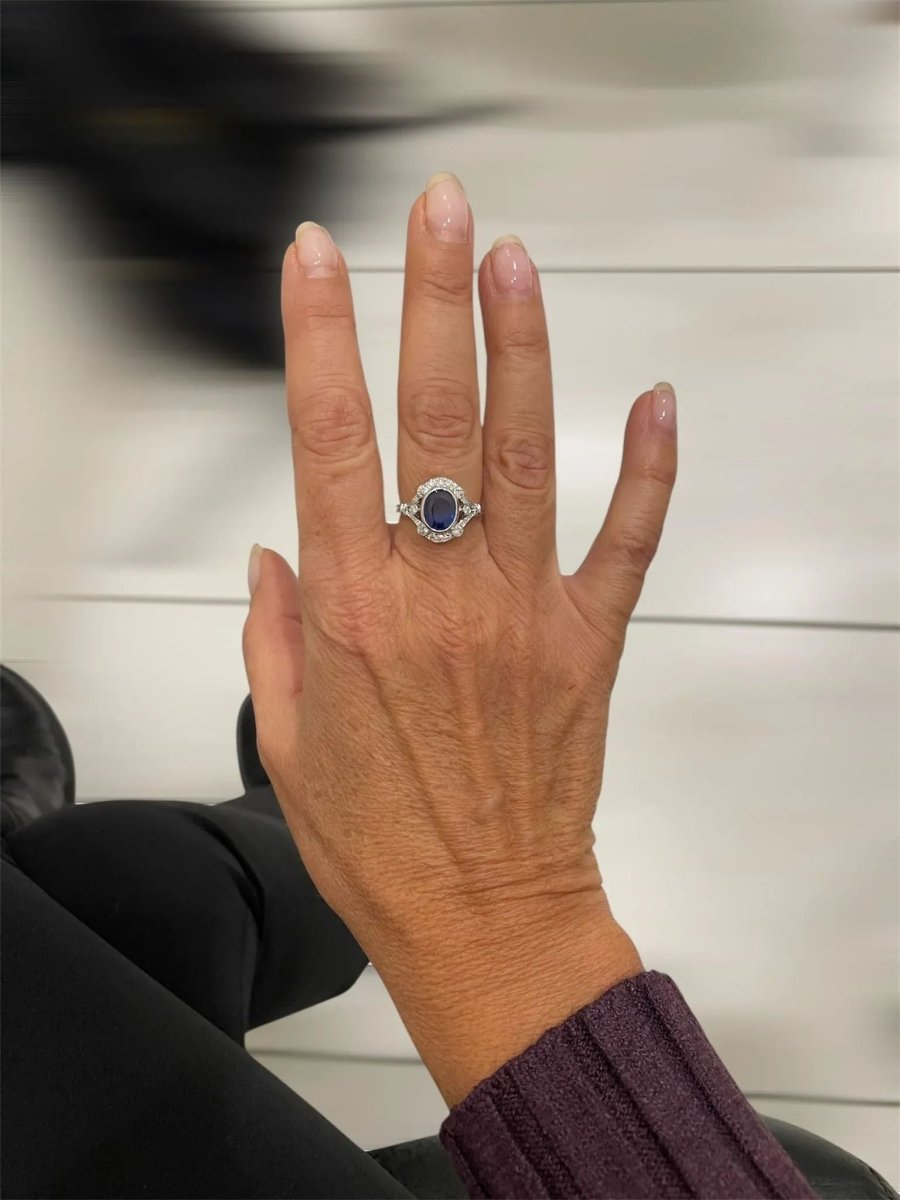 Art Deco Certified No Heat Burma Sapphire Diamond Gold Ring - Castafiore