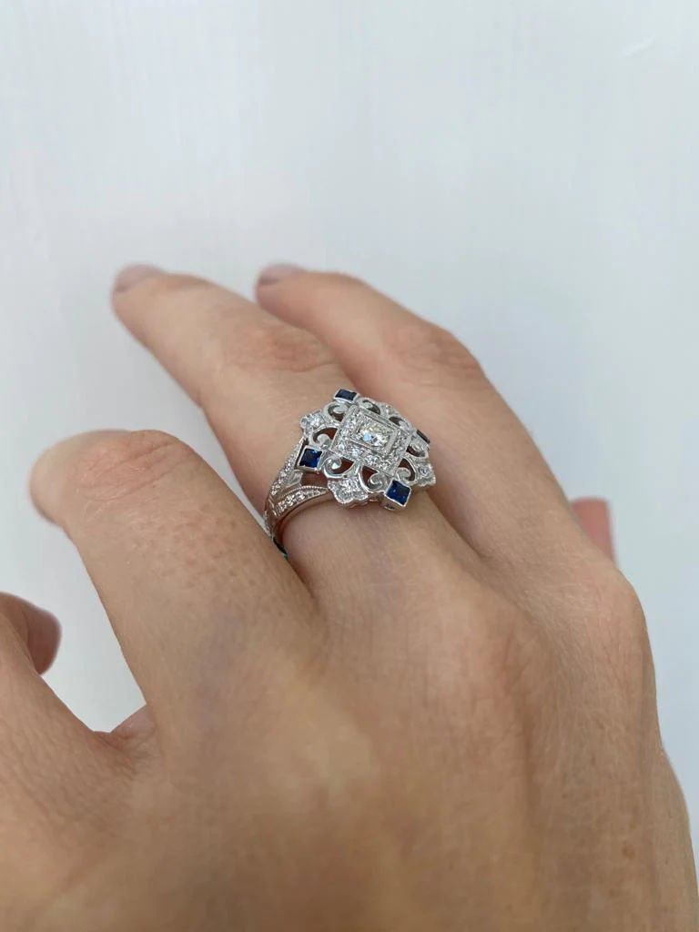 Art Deco Diamond Sapphire Cocktail Ring - Castafiore