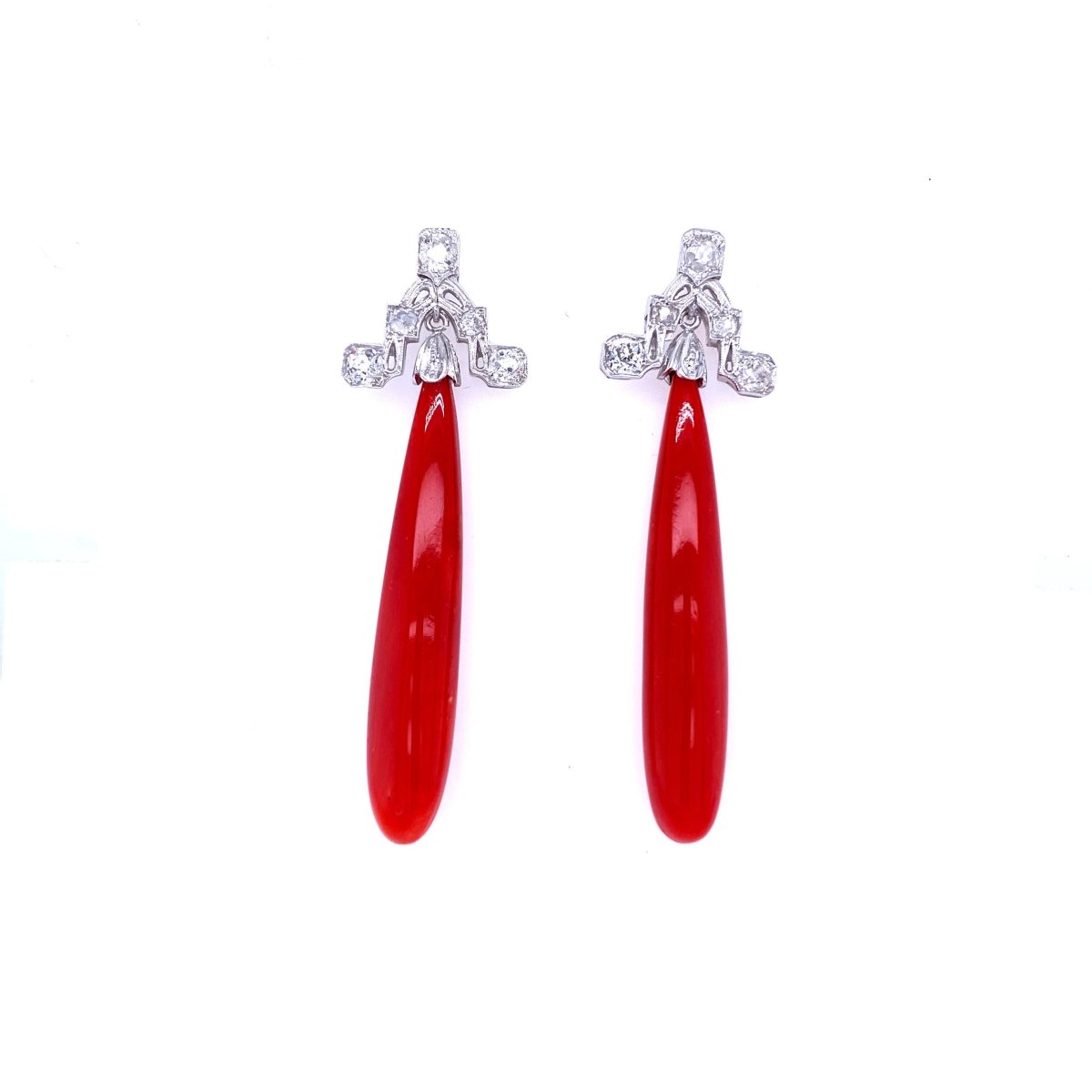 Art Deco Sardinian Coral Diamond Gold Drop Earrings - Castafiore