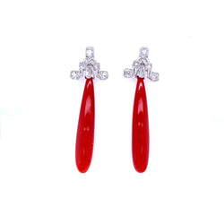 Art Deco Sardinian Coral Diamond Gold Drop Earrings - Castafiore